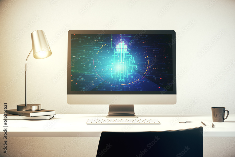 Leinwandbilder modern computer monitor with creative light bulb hologram and chip on laptop background, idea and br