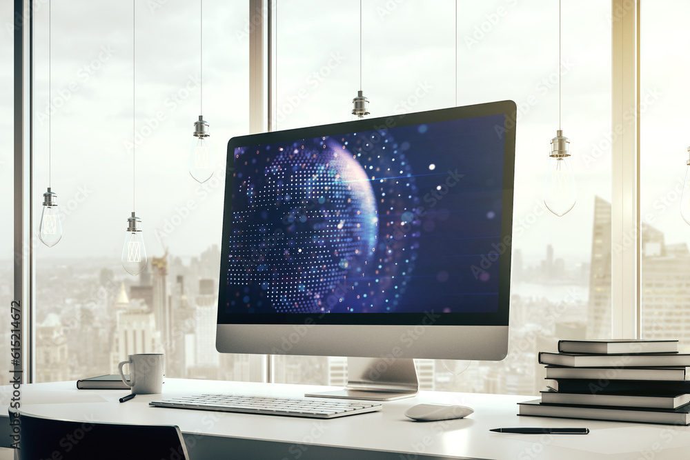 Leinwandbilder Modern computer monitor with abstract digital world map, research and strategy concept. 3D Rendering