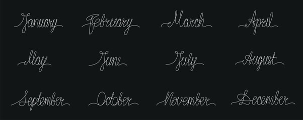 Fototapeta na wymiar Month name continues single line set. Vector handwritten signs pack isolated on black chalkboard background for print calendar, planner, diary. Editable stroke.