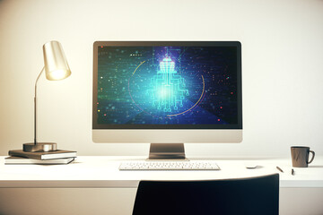 Modern computer monitor with creative light bulb hologram and chip on laptop background, idea and brainstorming concept. 3D Rendering