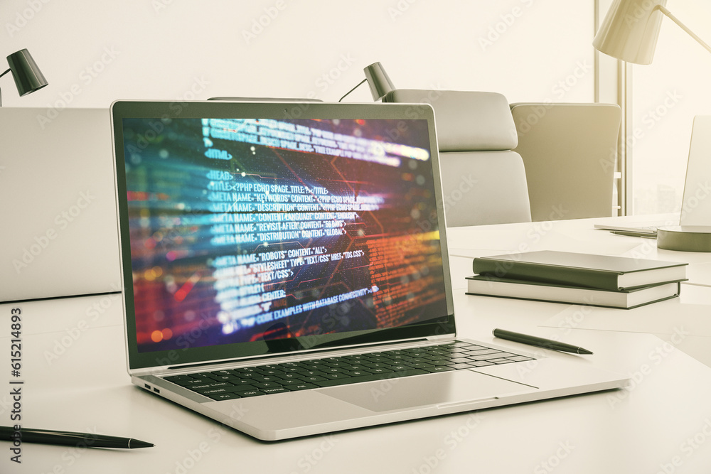 Poster computer monitor with abstract creative programming illustration, big data and blockchain concept. 3