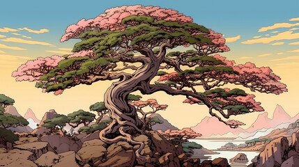 Ancient bonsai trees . Fantasy concept , Illustration painting.