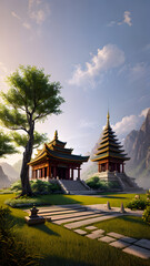 Naklejka premium Panoramic temple landscape with scenic park and sky clouds