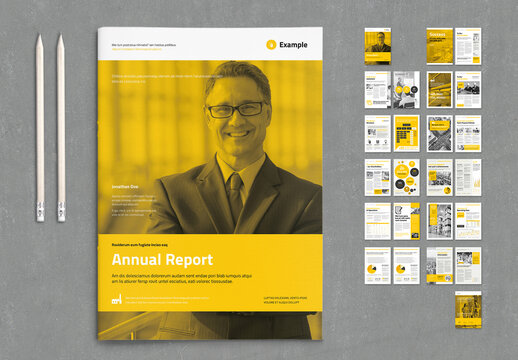 Annual Report Template in Black and White with Yellow Elements and Accents