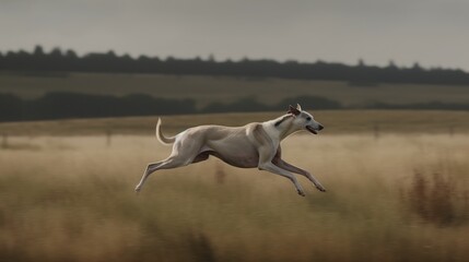 A Greyhound running at full speed in an open field
