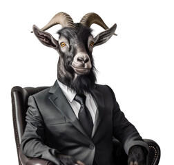 Goat businessman, anthropomorphic animal wearing suit sitting in armchair looking important, isolated on white