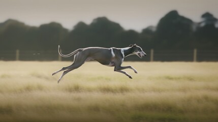 Obraz na płótnie Canvas A Greyhound running at full speed in an open field