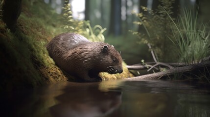 A beaver constructing a dam in a forest stream