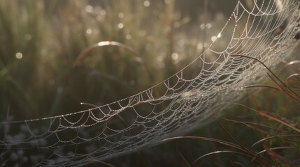 A massive spiderweb glistening with morning dew