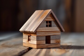 Obraz na płótnie Canvas Iconic wooden house model on rustic wood backdrop, symbolizing construction, ecology, loans, mortgages, properties, and the comfort of home. Generative AI