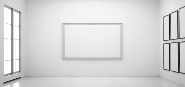 Minimalistic white interior of contemporary gallery with blank frames on the wall, visual art mockup
