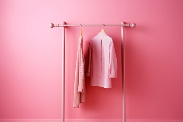 Stylish pink clothes rack against a matching pink background, a chic and trendy display for fashion enthusiasts seeking a touch of elegance and sophistication. Generative AI