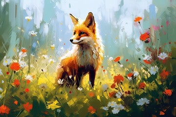 Red fox in a forest adorned with vibrant flowers and blue sky. 
