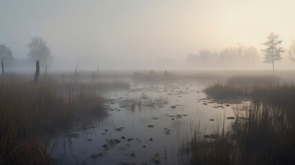 Fototapeta premium A dense fog settling over a swamp at dawn