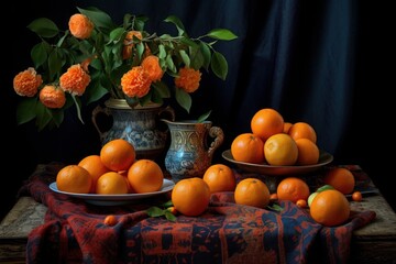 Vibrant oranges arranged elegantly on a table, presenting a burst of color and freshness, perfect for healthy living and citrus delights. Generative AI