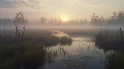 A dense fog settling over a swamp at dawn