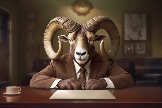Well dressed ram wearing suit and tie sitting in its office looking important