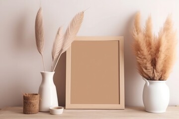 Mockup of an empty wooden picture frame hanging on a beige wall background. Boho-shaped vase with dried flowers on a table. Cup of coffee and old books create a cozy working space Generative AI