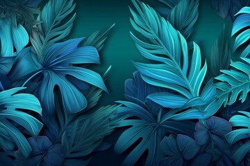 Enchanting collection of tropical leaves and foliage plants in a captivating blue hue, set against a celestial space background, merging earthly beauty with cosmic wonder. Generative AI