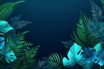 Naklejka na ściany i meble Enchanting collection of tropical leaves and foliage plants in a captivating blue hue, set against a celestial space background, merging earthly beauty with cosmic wonder. Generative AI