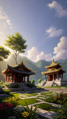 Panoramic temple landscape with scenic park and sky clouds