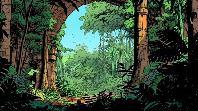 Ancient rainforest . Fantasy concept , Illustration painting.