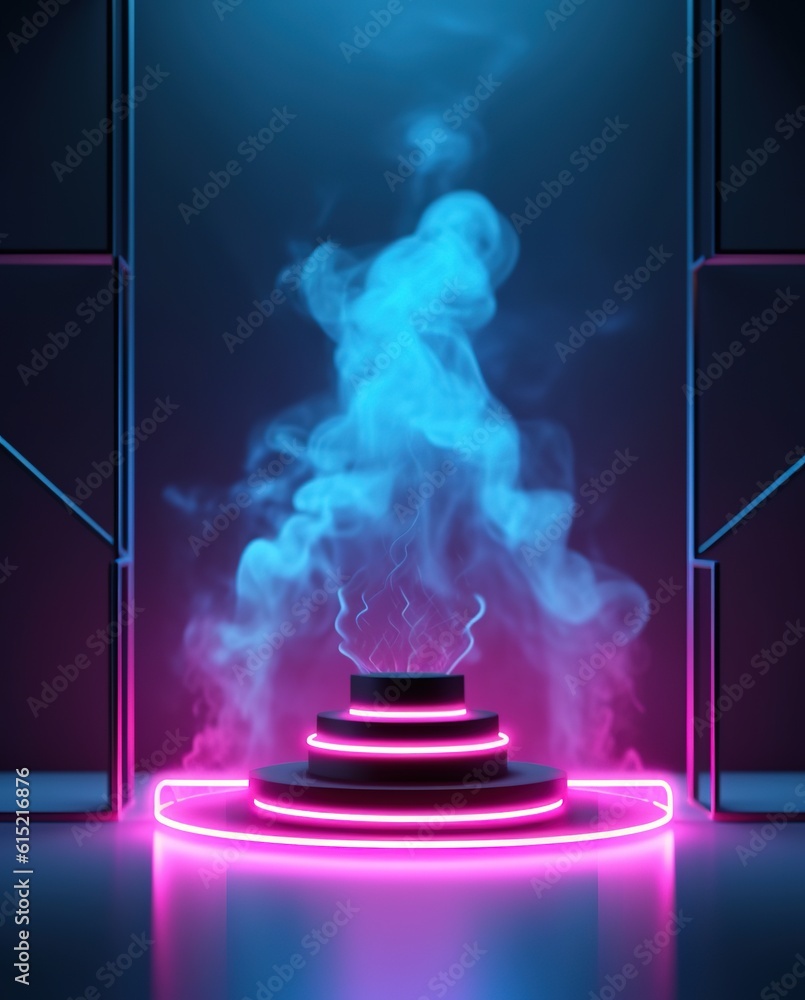 Wall mural stage with spotlight on stage. empty podium for products display with smoke and neon lights. generat