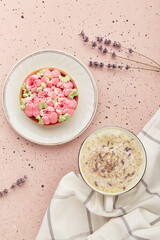 Summer lavender coffee with flowers and floral dessert flat lay aesthetics