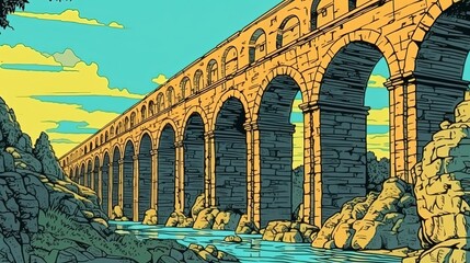 Ancient Roman aqueduct . Fantasy concept , Illustration painting. - obrazy, fototapety, plakaty
