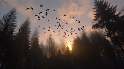 A flock of birds migrating back to the forest after winter