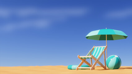 3d illustration of a day at the beach, use of umbrella, chair, ball and float, rest theme