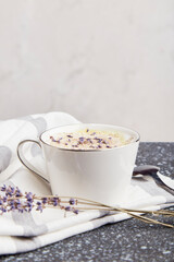 Aesthetic ruf lavender coffee with flowers with copy space
