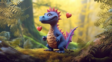Colorful fantasy cartoon love dragon with hearts.