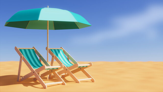 Two beach chairs under an umbrella at noon, promenade theme, 3d illustration