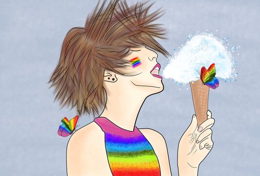 The Pride and freedom to choose and choose to be LGBTQ concept. Young woman with short hair wearing a rainbow-colored shirt, painted a rainbow flag on her face, enjoying eating ice cream, illustration
