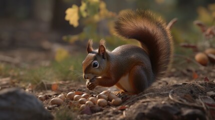 Obraz premium A squirrel gathering and hiding nuts for the winter