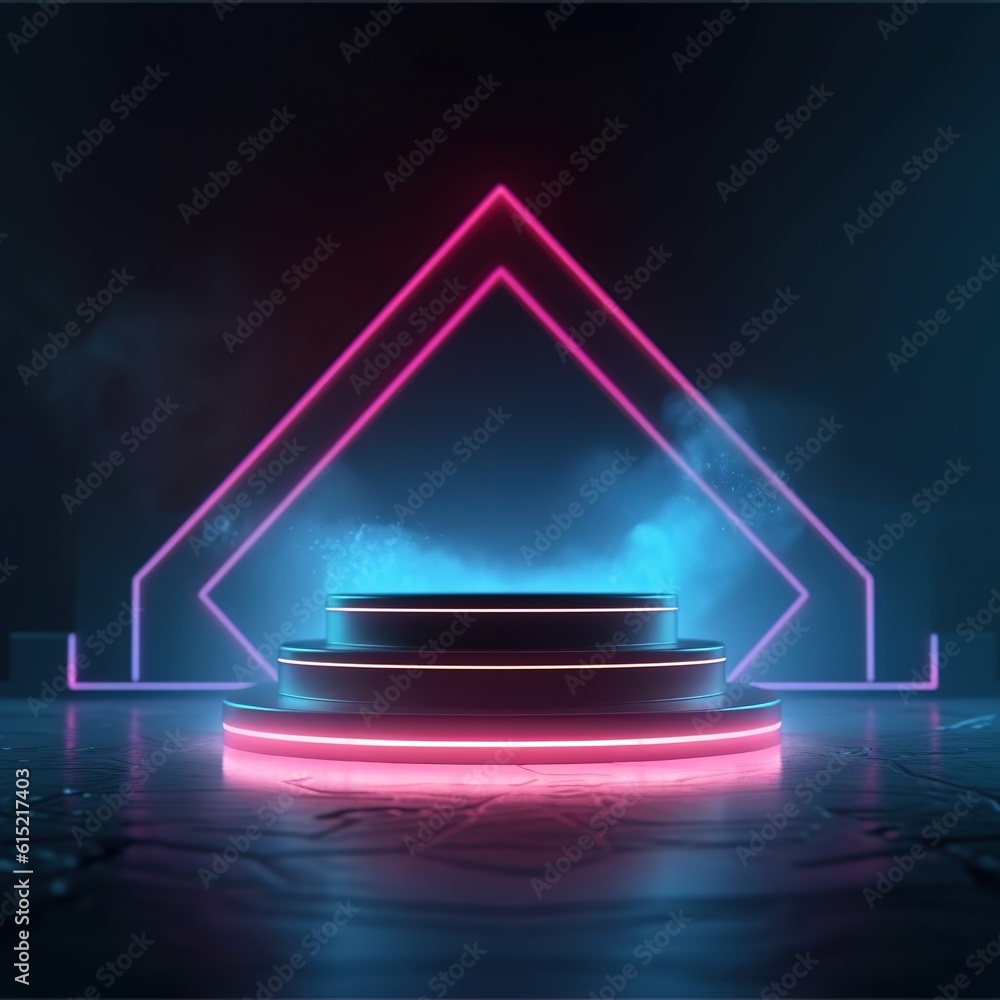 Wall mural stage with spotlight on stage. empty podium for products display with smoke and neon lights. generat