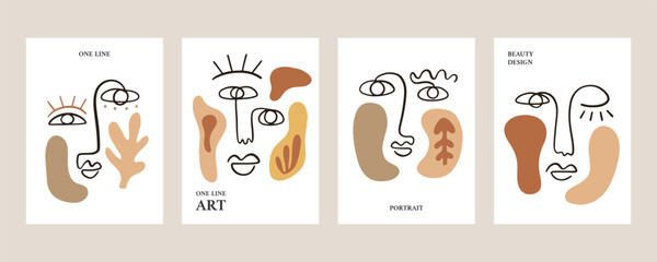 One line drawing human face set. Vector collecton