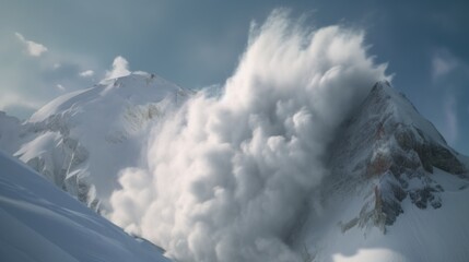 Fototapeta na wymiar An avalanche on a snowy mountain peak