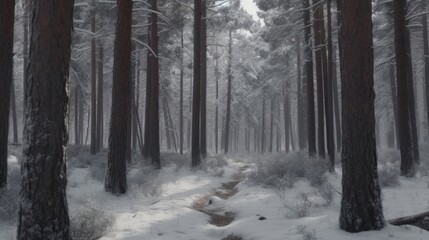 The quiet falling of snow in a silent winter forest