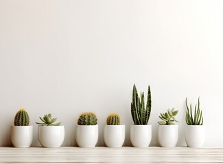 Indoor cactus plants at home on a white shelf against a white wall. created with Generative AI technology