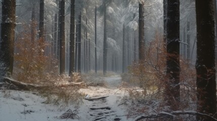 The quiet falling of snow in a silent winter forest