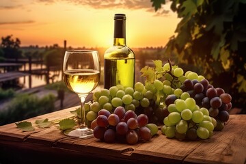 White wines showcased on a charming wooden table. Adorned with fresh grapes.