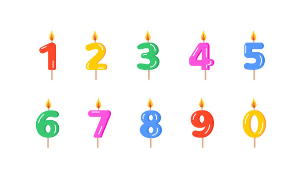 Multi-colored bright festive candles with burning flame in the form of numbers from one to ten on sticks. Cute vector illustration in cartoon style on white isolated background.