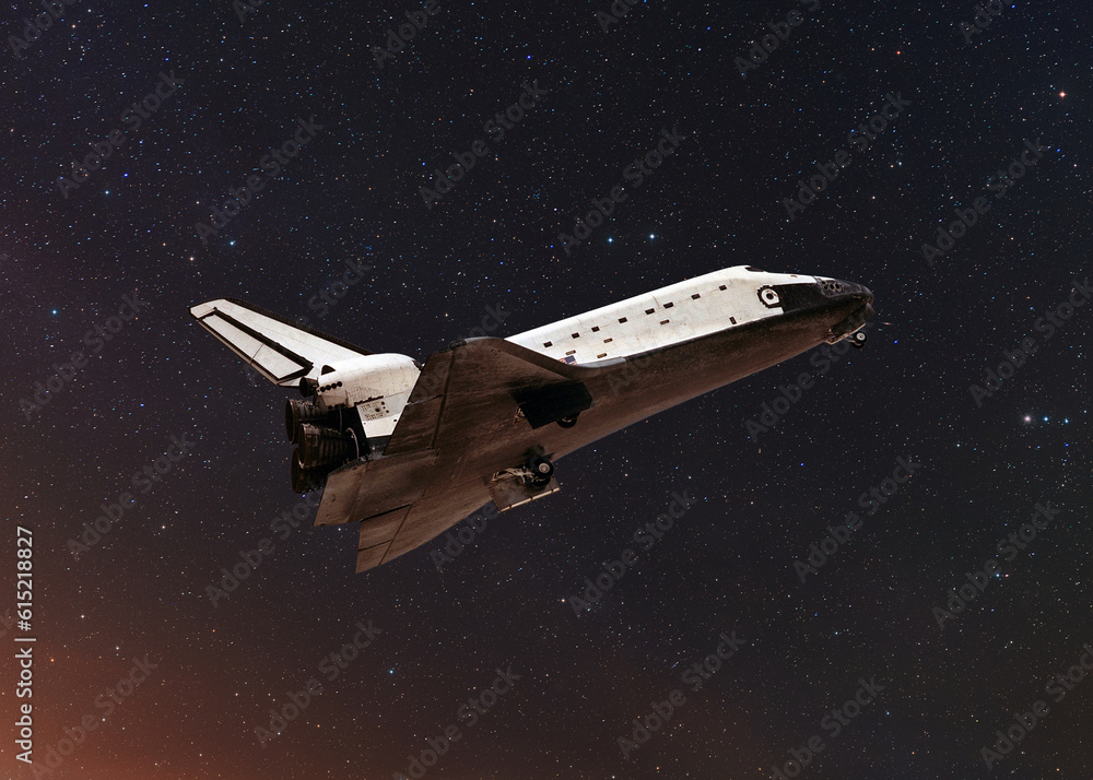 Poster space shuttle rocket lift off a mission in outer space with stars. rocket flies on a starry backgrou