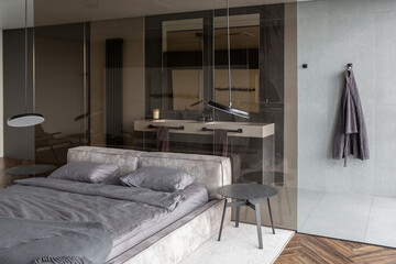 cool expensive interior design of room in prestigious luxury hotel with dark tones with modern LED...