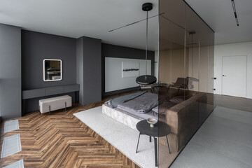 cool expensive interior design of room in prestigious luxury hotel with dark tones with modern LED...