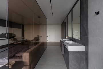 cool expensive interior design of room in prestigious luxury hotel with dark tones with modern LED...