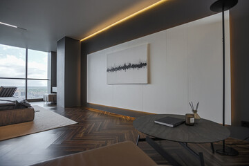 cool expensive interior design of room in prestigious luxury hotel with dark tones with modern LED...