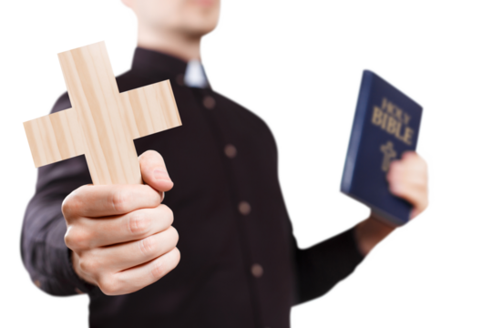 Priest holding a cross and the Holy Bible, cut out